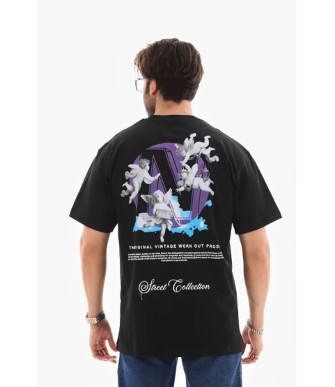 Unisex Bisiklet Yaka Baskılı Oversize T-Shirt - Siyah