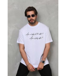 Unisex Bisiklet Yaka Baskılı Oversize T-Shirt - Beyaz