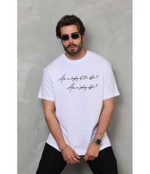Unisex Bisiklet Yaka Baskılı Oversize T-Shirt - Beyaz
