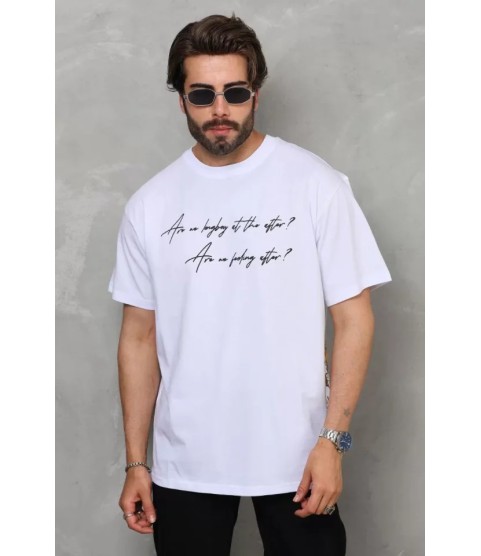 Unisex Bisiklet Yaka Baskılı Oversize T-Shirt - Beyaz