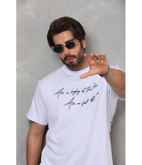 Unisex Bisiklet Yaka Baskılı Oversize T-Shirt - Beyaz