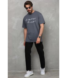 Unisex Bisiklet Yaka Baskılı Oversize T-Shirt - Füme