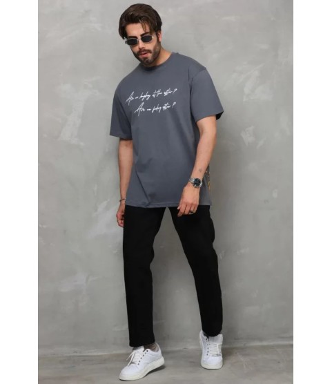 Unisex Bisiklet Yaka Baskılı Oversize T-Shirt - Füme
