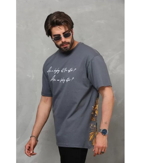 Unisex Bisiklet Yaka Baskılı Oversize T-Shirt - Füme