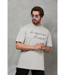Unisex Bisiklet Yaka Baskılı Oversize T-Shirt - Gri