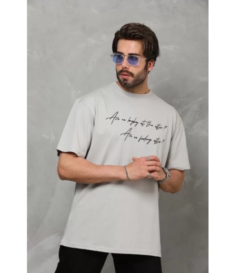 Unisex Bisiklet Yaka Baskılı Oversize T-Shirt - Gri