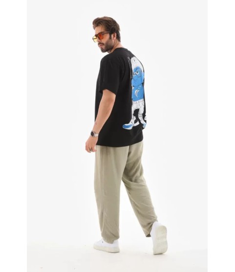 Unisex Bisiklet Yaka Baskılı Oversize T-Shirt - Siyah