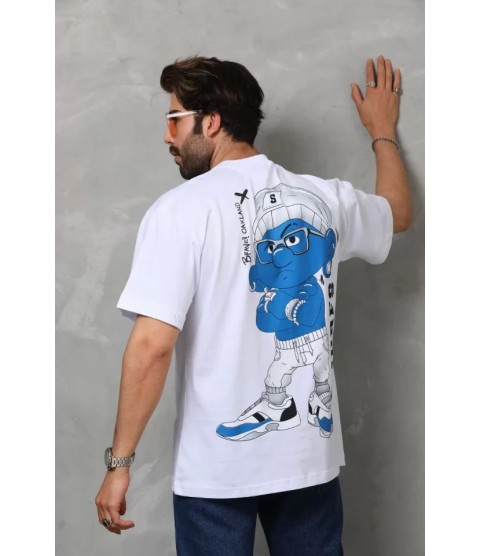 Unisex Bisiklet Yaka Baskılı Oversize T-Shirt - Beyaz
