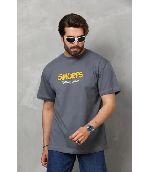 Unisex Basic Bisiklet Yaka Oversize T-Shirt - Füme