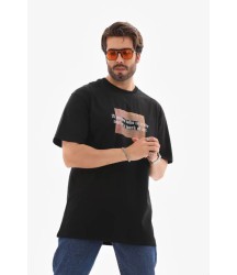 Unisex Bisiklet Yaka Baskılı Oversize T-Shirt - Siyah