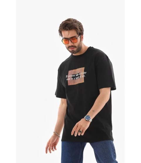 Unisex Bisiklet Yaka Baskılı Oversize T-Shirt - Siyah