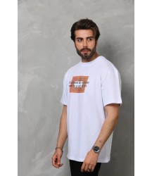 Unisex Bisiklet Yaka Baskılı Oversize T-Shirt - Beyaz