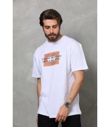 Unisex Bisiklet Yaka Baskılı Oversize T-Shirt - Beyaz