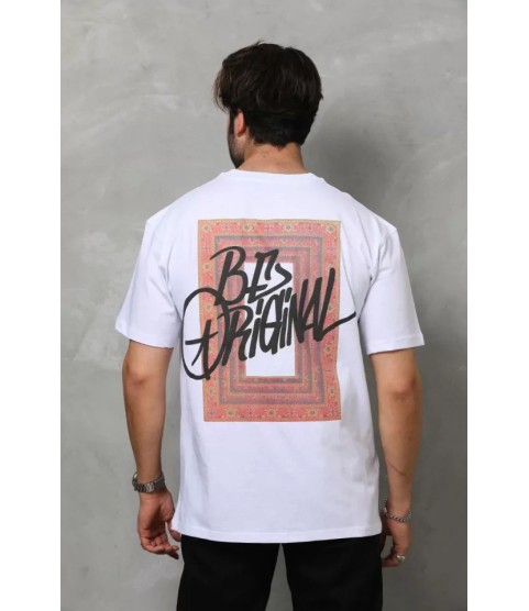 Unisex Bisiklet Yaka Baskılı Oversize T-Shirt - Beyaz