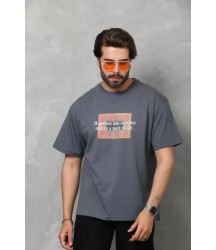 Unisex Bisiklet Yaka Baskılı Oversize T-Shirt - Füme