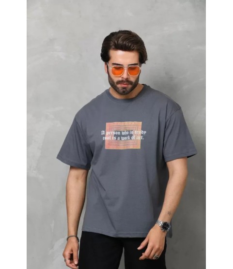 Unisex Bisiklet Yaka Baskılı Oversize T-Shirt - Füme