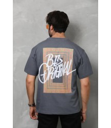 Unisex Bisiklet Yaka Baskılı Oversize T-Shirt - Füme