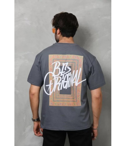 Unisex Bisiklet Yaka Baskılı Oversize T-Shirt - Füme