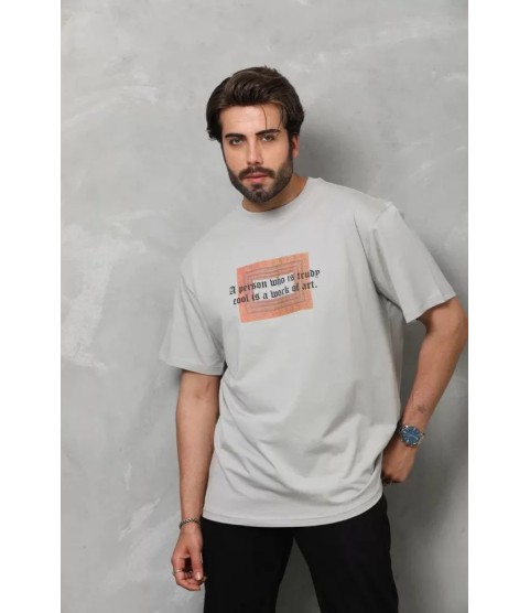 Unisex Bisiklet Yaka Baskılı Oversize T-Shirt - Gri