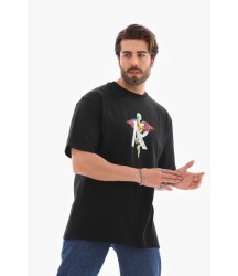 Unisex Bisiklet Yaka Baskılı Oversize T-Shirt - Siyah