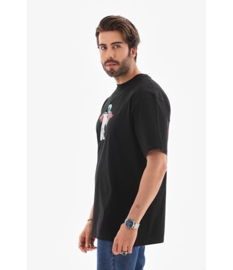 Unisex Bisiklet Yaka Baskılı Oversize T-Shirt - Siyah