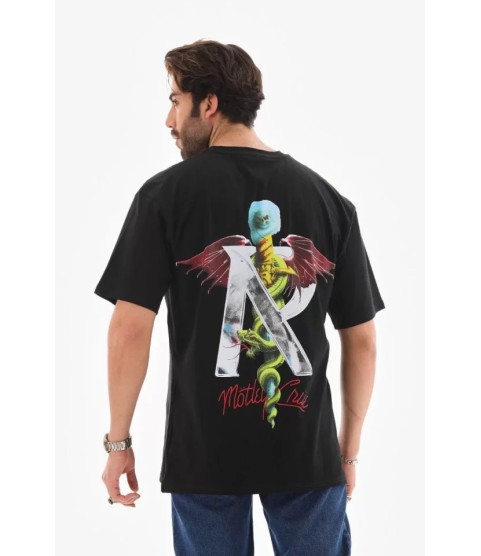 Unisex Bisiklet Yaka Baskılı Oversize T-Shirt - Siyah