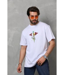 Unisex Bisiklet Yaka Baskılı Oversize T-Shirt - Beyaz