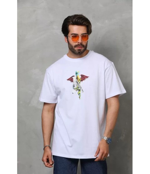 Unisex Bisiklet Yaka Baskılı Oversize T-Shirt - Beyaz