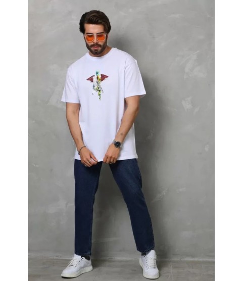 Unisex Bisiklet Yaka Baskılı Oversize T-Shirt - Beyaz