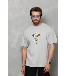 Unisex Bisiklet Yaka Baskılı Oversize T-Shirt - Gri
