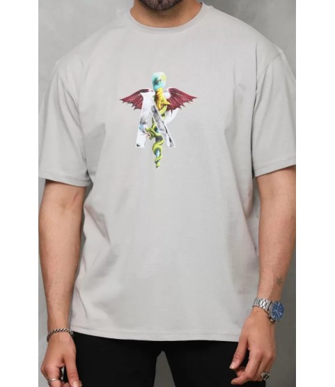 Unisex Bisiklet Yaka Baskılı Oversize T-Shirt - Gri
