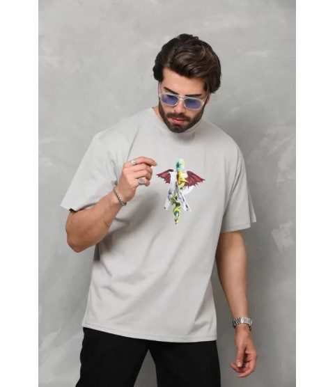 Unisex Bisiklet Yaka Baskılı Oversize T-Shirt - Gri