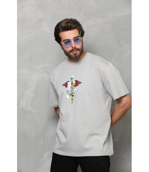 Unisex Bisiklet Yaka Baskılı Oversize T-Shirt - Gri