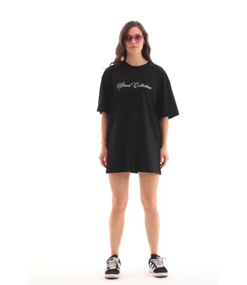 Unisex Bisiklet Yaka Baskılı Oversize T-Shirt - Siyah