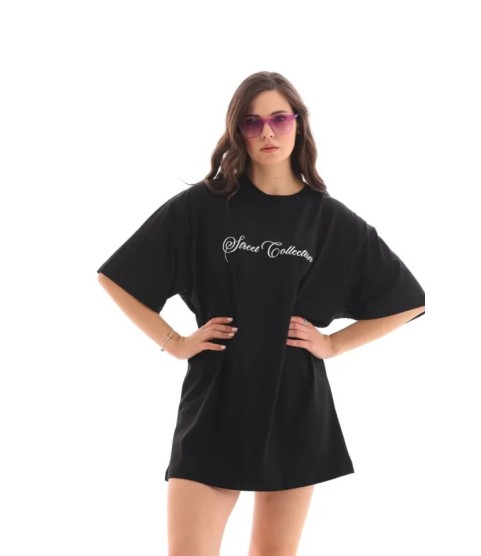 Unisex Bisiklet Yaka Baskılı Oversize T-Shirt - Siyah