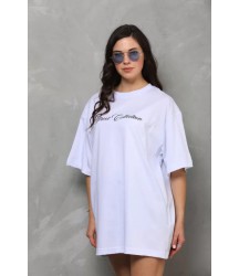 Unisex Bisiklet Yaka Baskılı Oversize T-Shirt - Beyaz