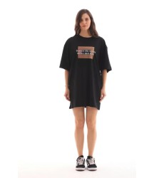 Unisex Bisiklet Yaka Baskılı Oversize T-Shirt - Siyah