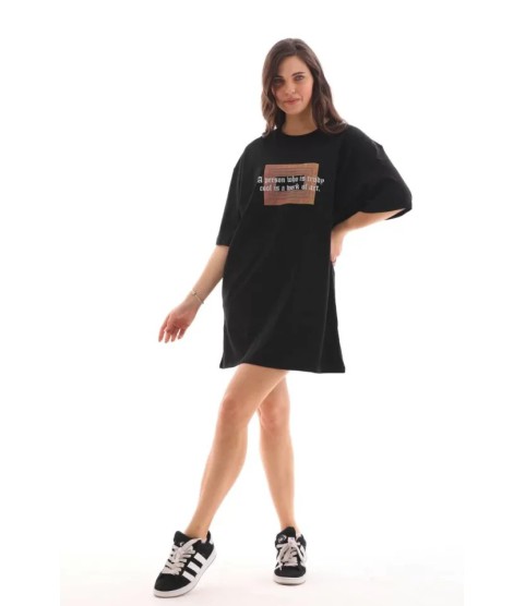 Unisex Bisiklet Yaka Baskılı Oversize T-Shirt - Siyah
