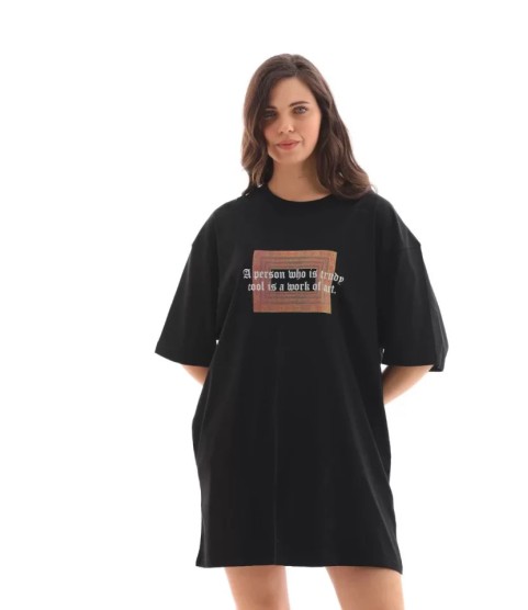 Unisex Bisiklet Yaka Baskılı Oversize T-Shirt - Siyah