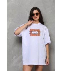Unisex Bisiklet Yaka Baskılı Oversize T-Shirt - Beyaz