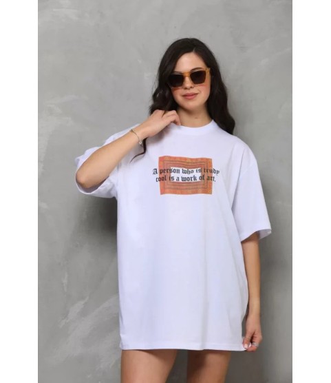 Unisex Bisiklet Yaka Baskılı Oversize T-Shirt - Beyaz