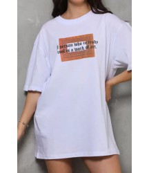 Unisex Bisiklet Yaka Baskılı Oversize T-Shirt - Beyaz
