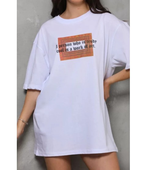 Unisex Bisiklet Yaka Baskılı Oversize T-Shirt - Beyaz