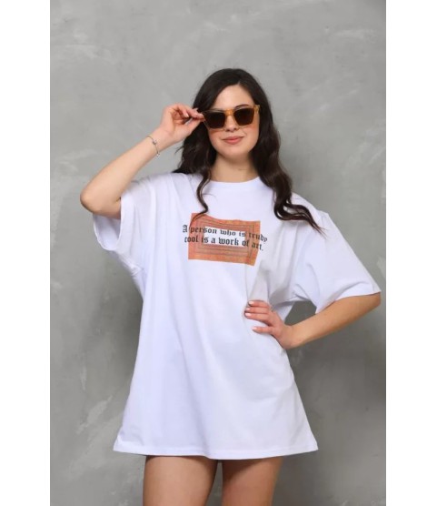Unisex Bisiklet Yaka Baskılı Oversize T-Shirt - Beyaz