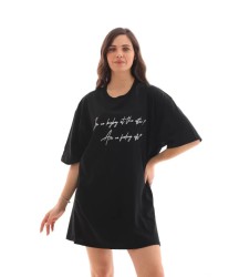 Unisex Bisiklet Yaka Baskılı Oversize T-Shirt - Siyah