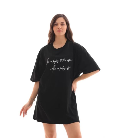 Unisex Bisiklet Yaka Baskılı Oversize T-Shirt - Siyah