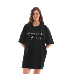 Unisex Bisiklet Yaka Baskılı Oversize T-Shirt - Siyah