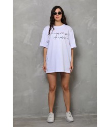 Unisex Bisiklet Yaka Baskılı Oversize T-Shirt - Beyaz