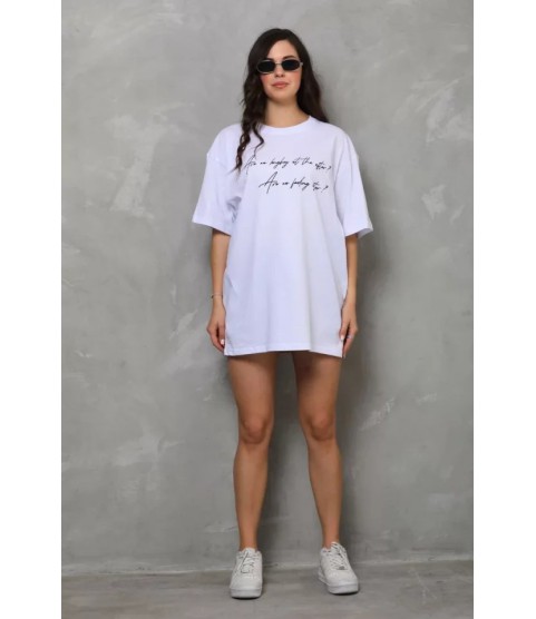 Unisex Bisiklet Yaka Baskılı Oversize T-Shirt - Beyaz