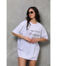 Unisex Bisiklet Yaka Baskılı Oversize T-Shirt - Beyaz